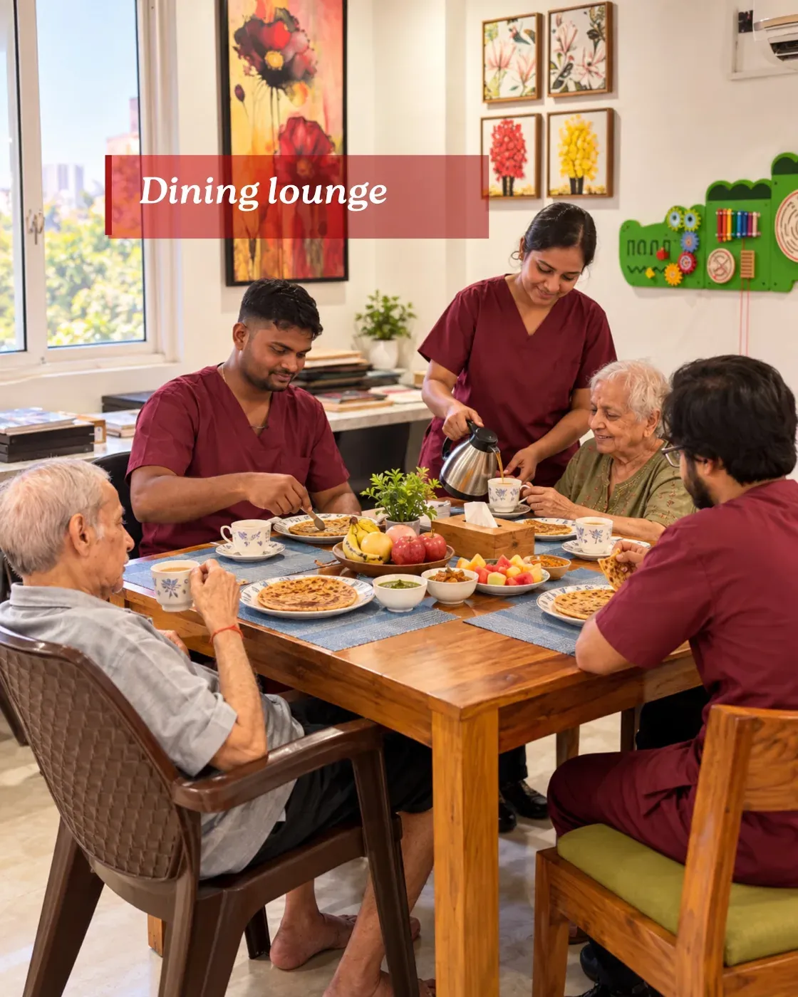 Residents sharing a meal at the dining table at Omsorg Sector 57